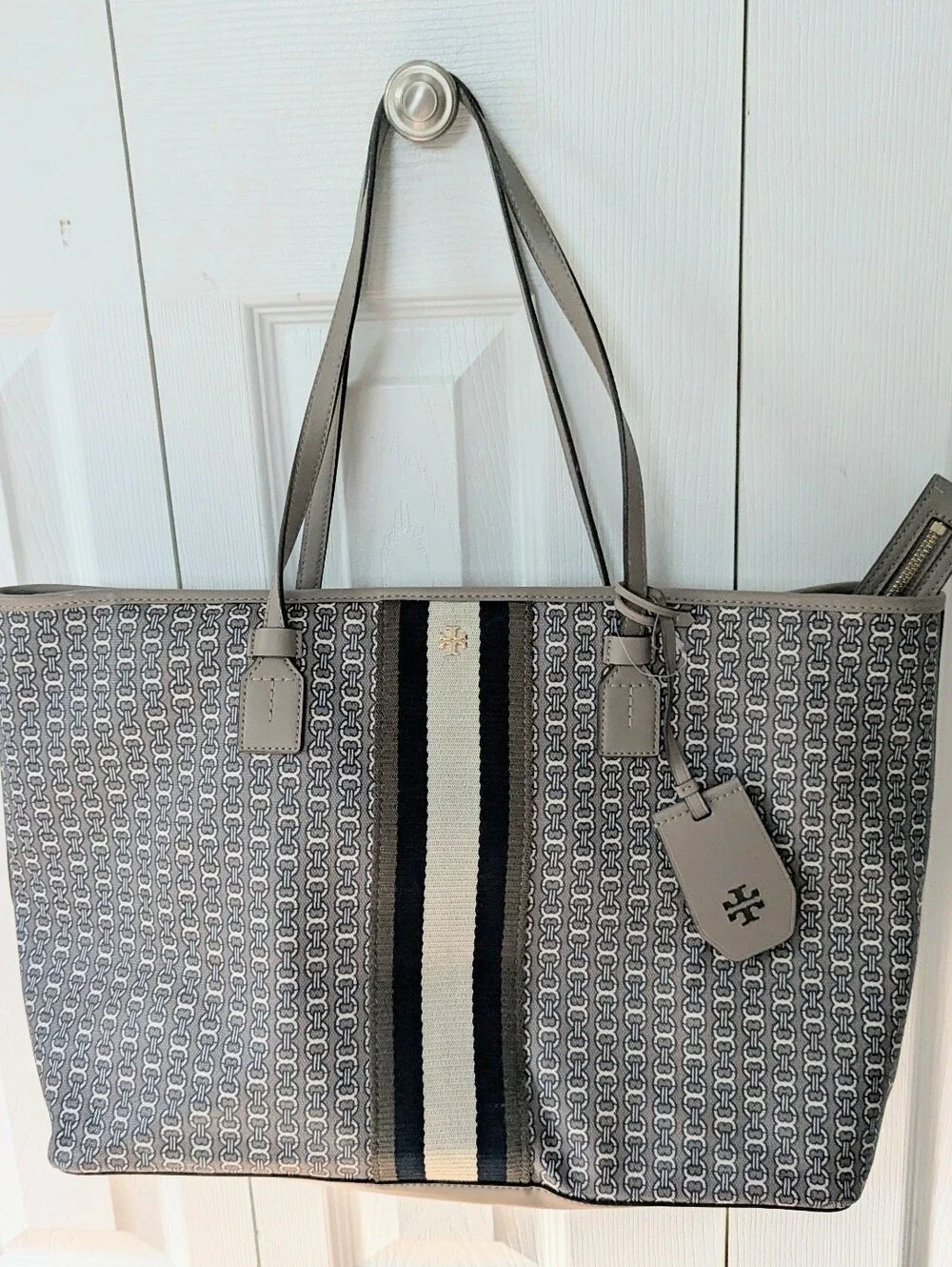 Tory Burch Gray Taupe Canvas Tote with Black and Cream Center Stripe